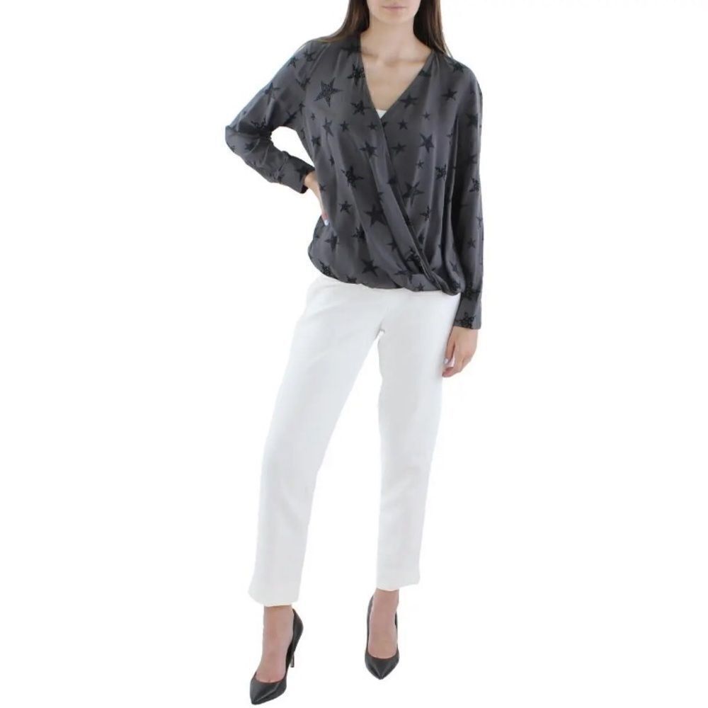 Rails Hillary Charcoal Cheetah Stars Long Sleeve V-Neck Blouse Size XXS